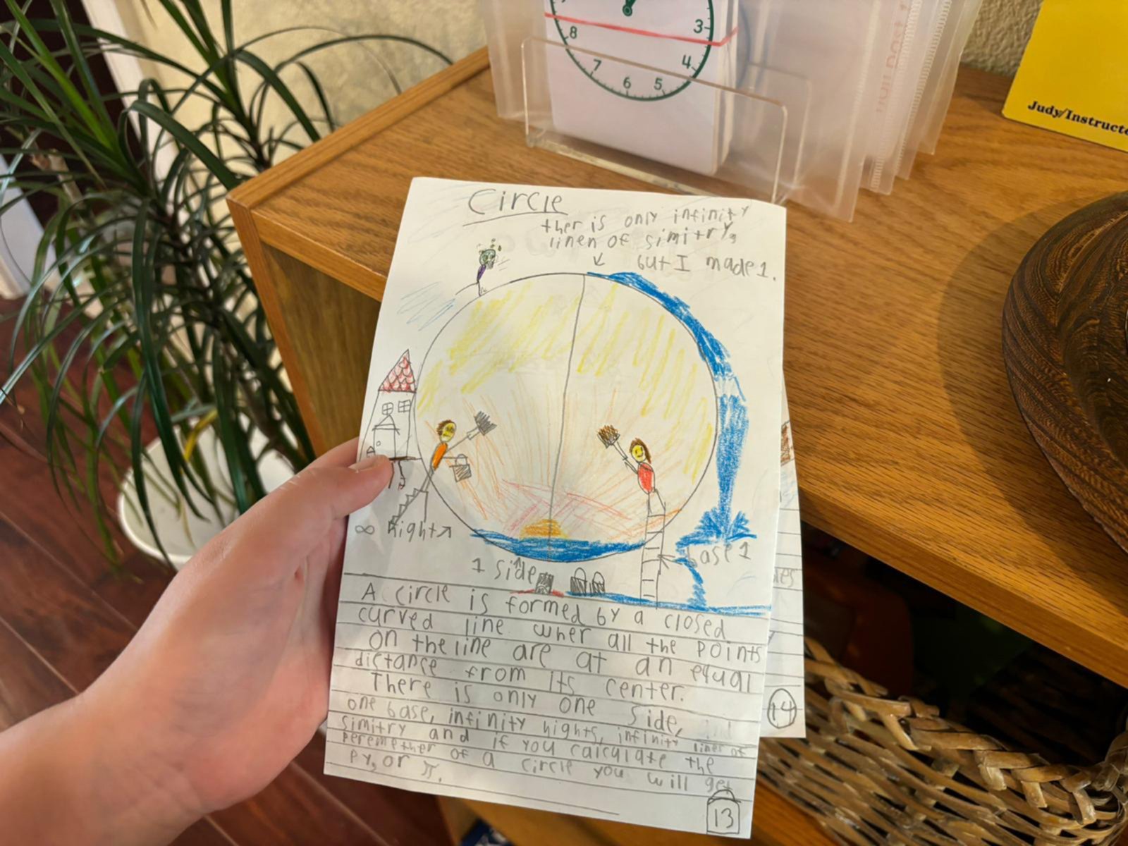 Student-created geometry journal page explaining circle properties with drawings and notes