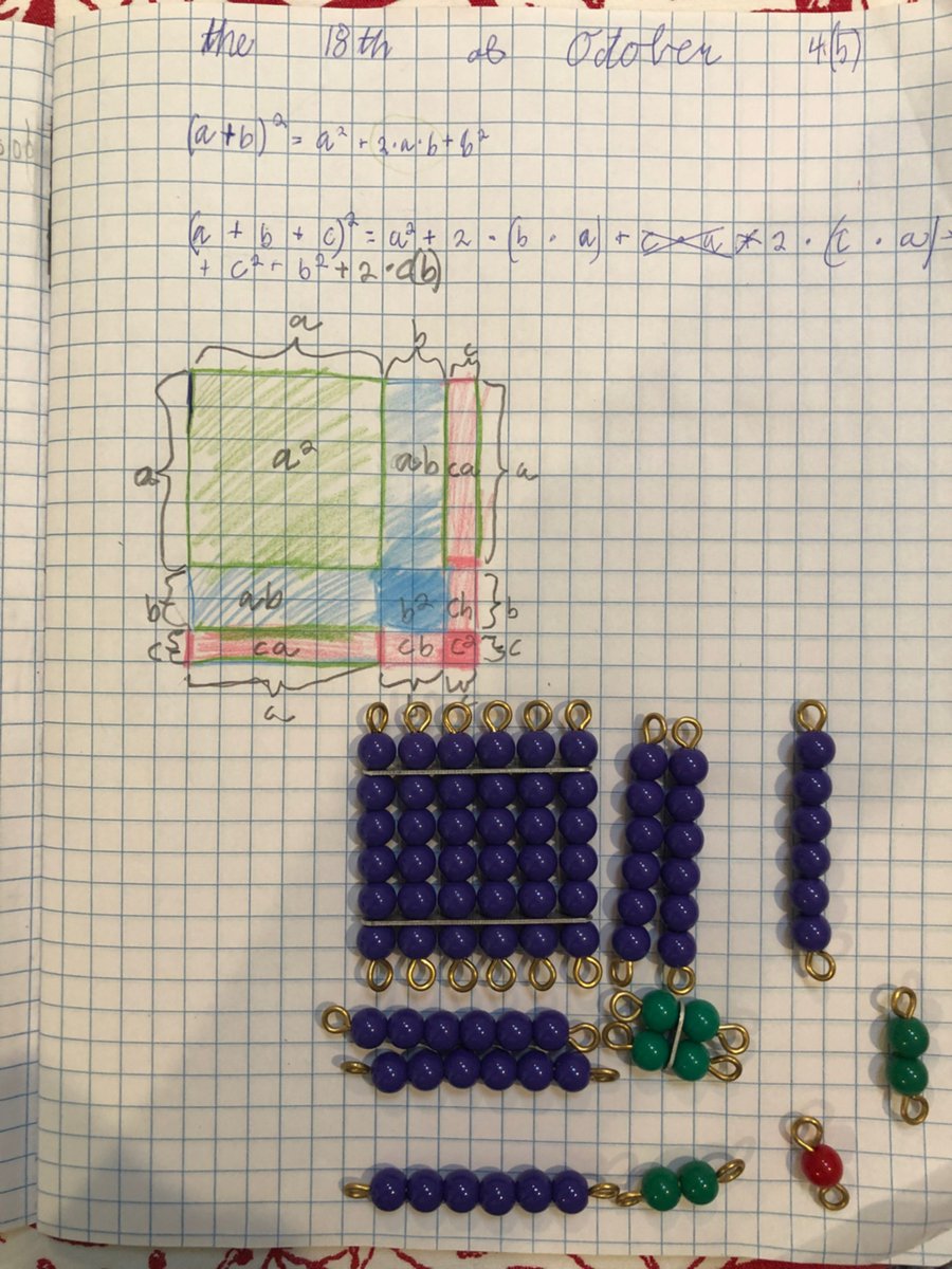 Elementary student working with Montessori bead bars and a notebook to explore algebraic square expansions